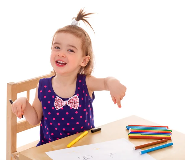 Little girl with paints at the table. — Stock Photo, Image