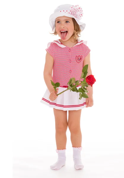Encantadora chica con una rosa en la mano . — Foto de Stock