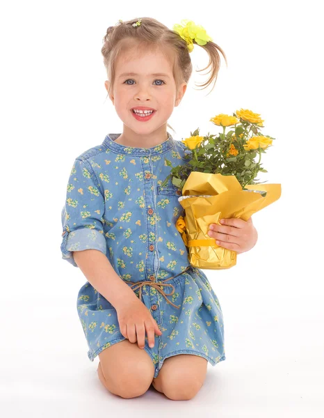 Charmant klein meisje houden een bloemboeket. — Stockfoto