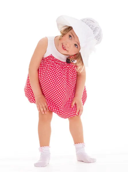 Pembe elbiseli şık küçük kız. — Stok fotoğraf