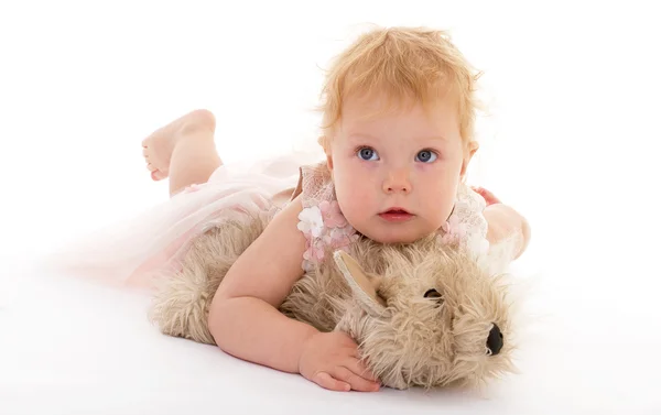 Linda niña con un perro de juguete . — Foto de Stock