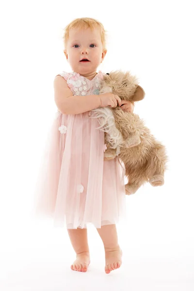 Pretty little girl with a toy dog. — Stock Photo, Image