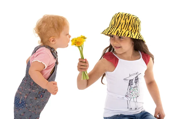 Irmã dá flores farejar — Fotografia de Stock