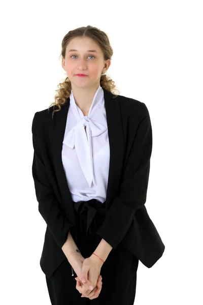 Model, studentka ve formálním černém obleku — Stock fotografie