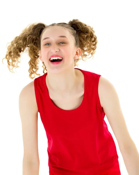 Porträtt av skrattar tonåring flicka med lockiga hästsvansar — Stockfoto