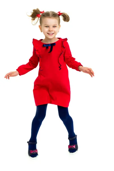Linda loira animado menina está feliz pulando — Fotografia de Stock