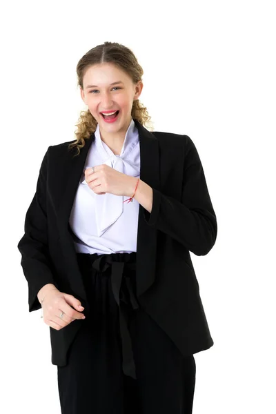 Šťastná radostná studentka ve formálním černém obleku — Stock fotografie