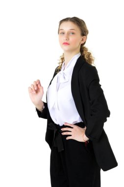 Model, siyah takım elbiseli öğrenci kız.