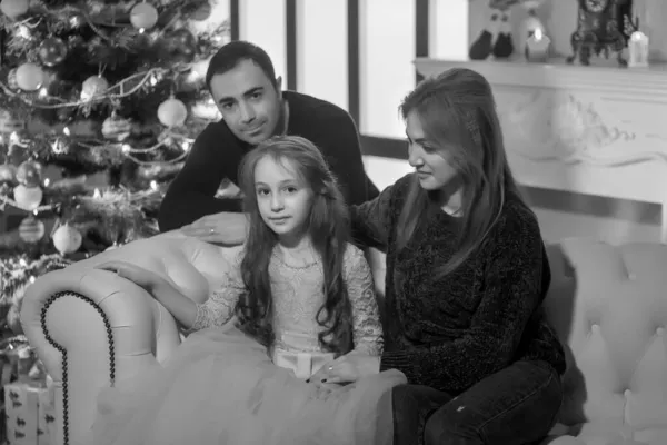 Os pais abraçam sua adorável filha, mãe e pai, bem como o avô perto da árvore. Fotografia De Stock