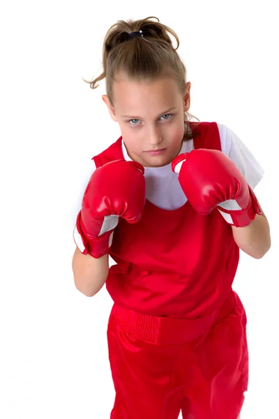 Preteen girl boxing with red gloves — Stock Photo, Image