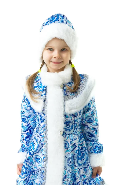 Boldog lány kék ruhában hópelyhekkel díszítve — Stock Fotó