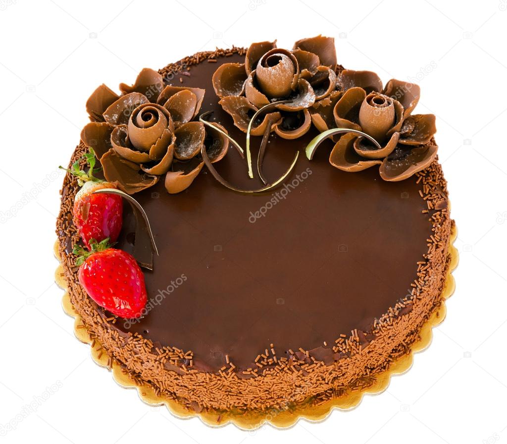 Chocolate cake with strawberries isolated