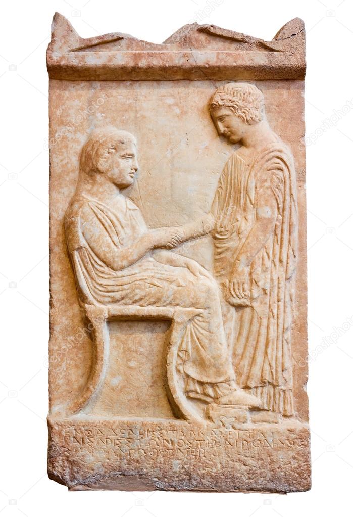 Ancient Greek grave stele from Piraeus (420 B.C.) isolated.