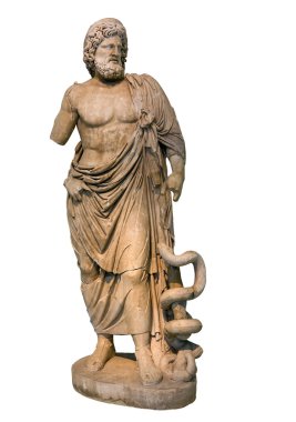 Tıp ve Asklepios, izole şifa antik Yunan tanrısı heykeli