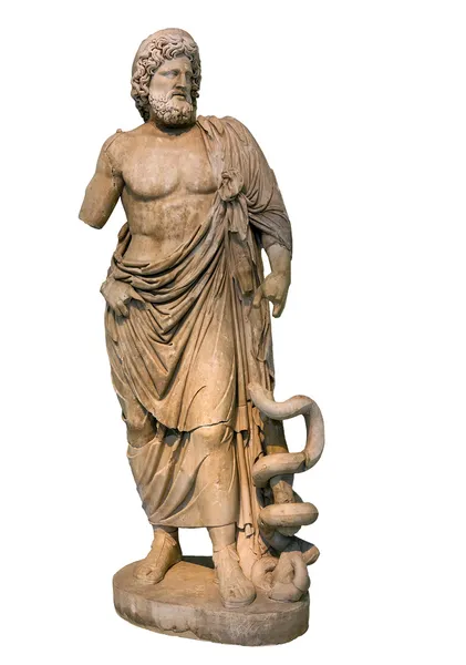 Tıp ve Asklepios, izole şifa antik Yunan tanrısı heykeli