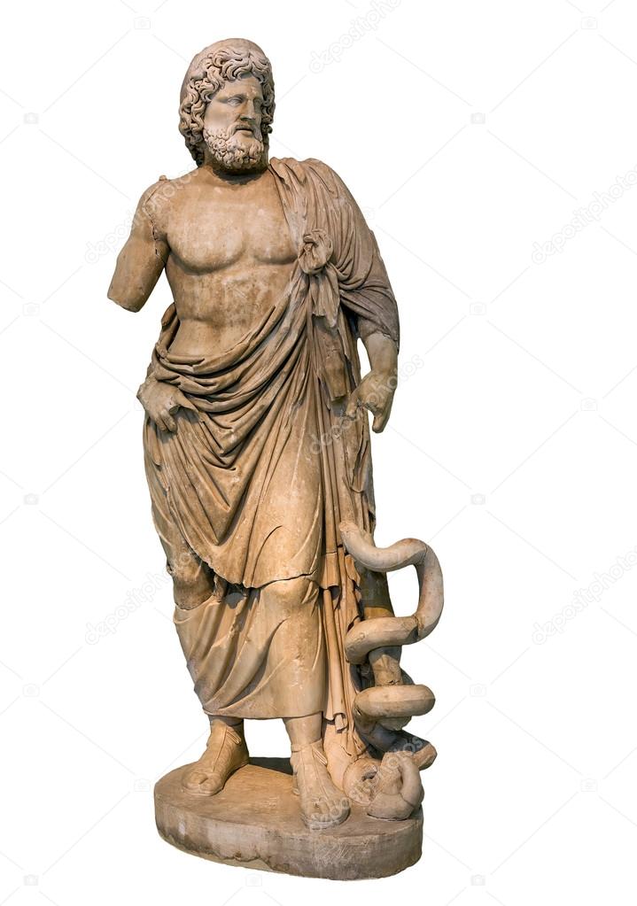 Statue of ancient Greek god of medicine and healing Asclepius, isolated