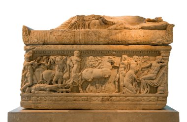 Ancient Greek sarcophagus decorated with scenes from Iliad, isolated clipart