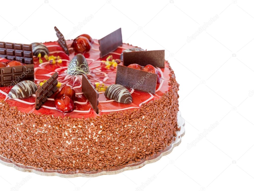 Chocolate cake with cherry isolated on white background
