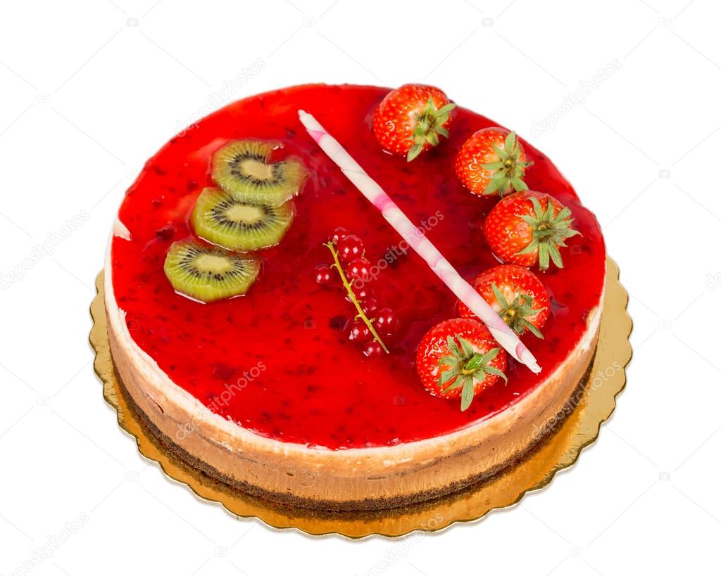 Strawberry cake with jelly topping and figs, isolated