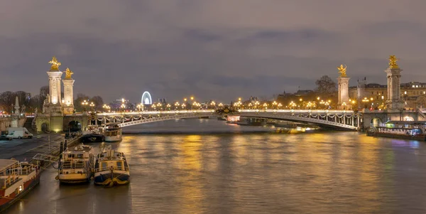 フランス パリの夜のアレクサンドル3世橋の眺め — ストック写真