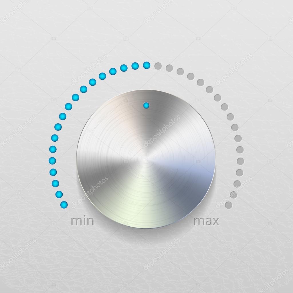 Volume button (music knob) with metal texture (steel, chrome), scale and light background for web user interfaces. Vector illustration.