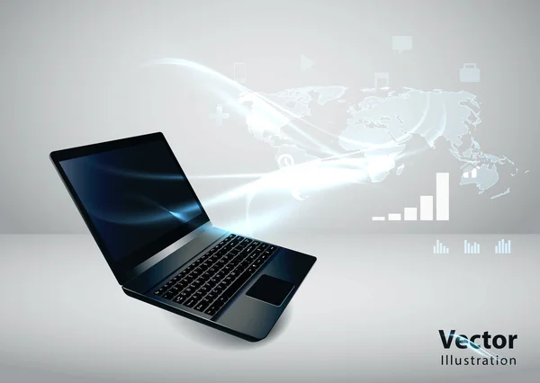 Ilustração de tecnologia de comunicação moderna com laptop e hig — Vetor de Stock