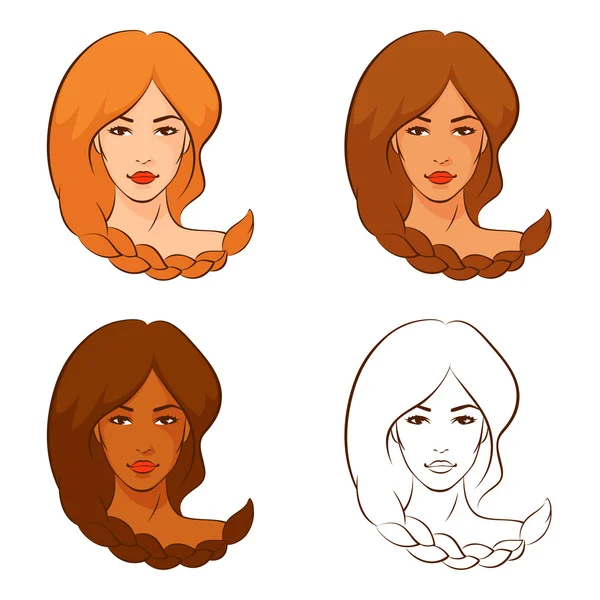 Illustrations de la ligne de belles femmes avec des cheveux tressés — Image vectorielle