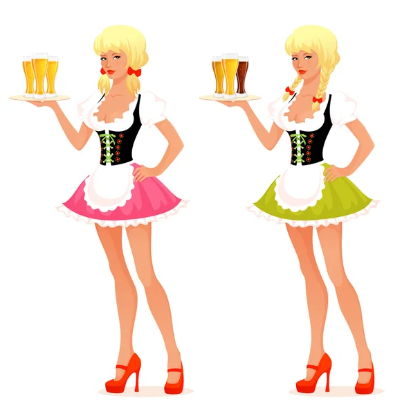 Illustration of a beautiful waitress girl serving beer — Stock Vector