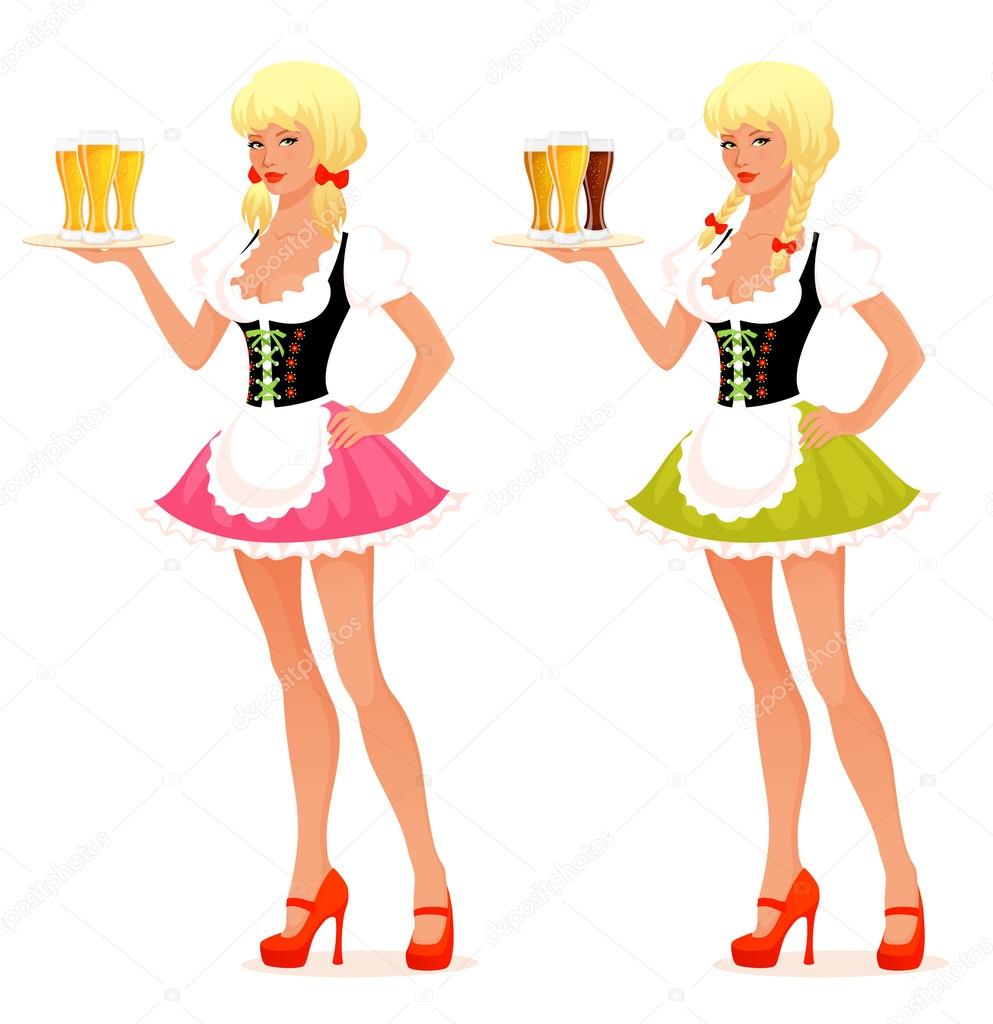 Illustration of a beautiful waitress girl serving beer
