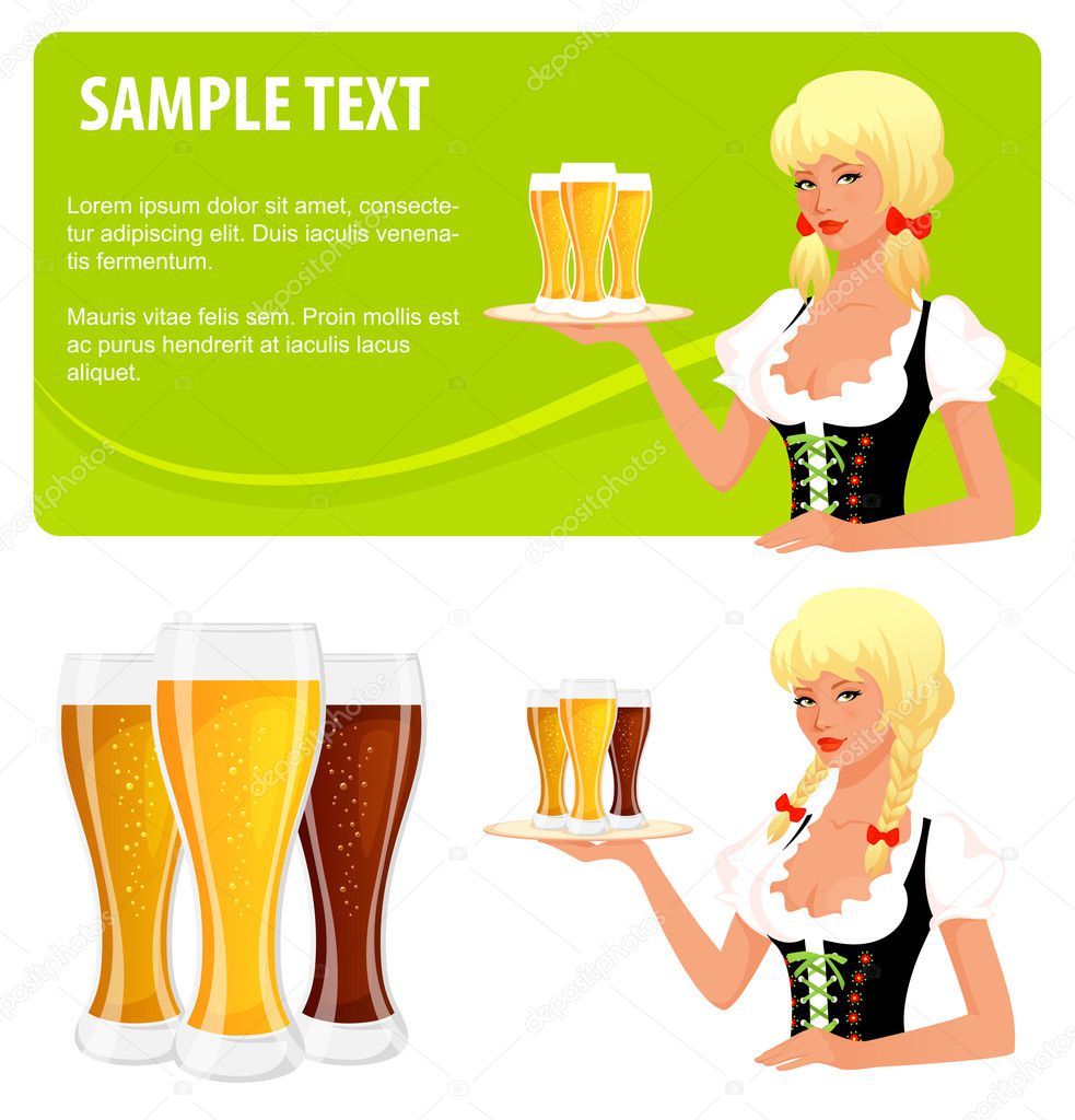 Illustration of isolated glasses of beer and a beautiful waitress girl