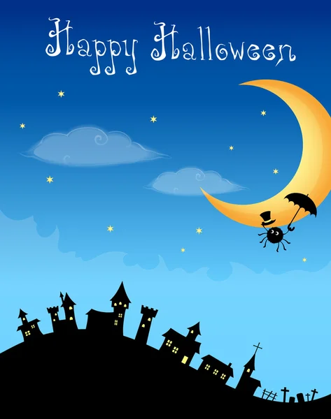 Linda ilustración de halloween para los niños - una araña aventura volando con su paraguas en una hermosa noche estrellada — Vector de stock