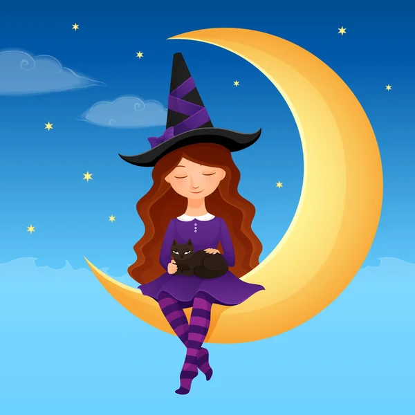 Ilustración de Halloween de una chica linda bruja y su gato — Vector de stock