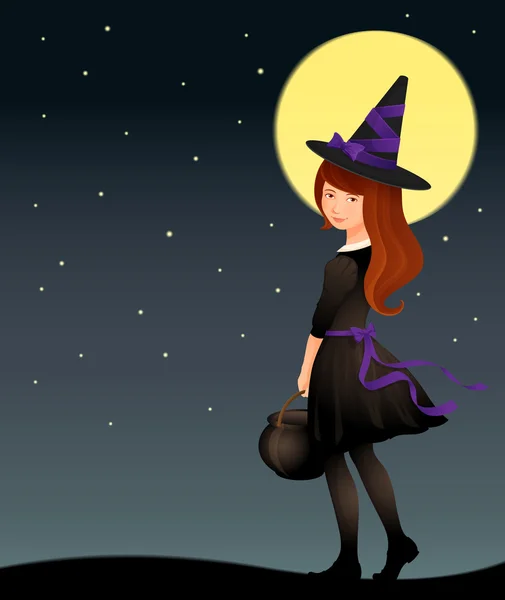 Illustration of a cute witch girl on Halloween night — Stock Vector