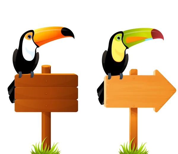 Colorful toucan birds sitting on a blank wooden sign board — Stock Vector