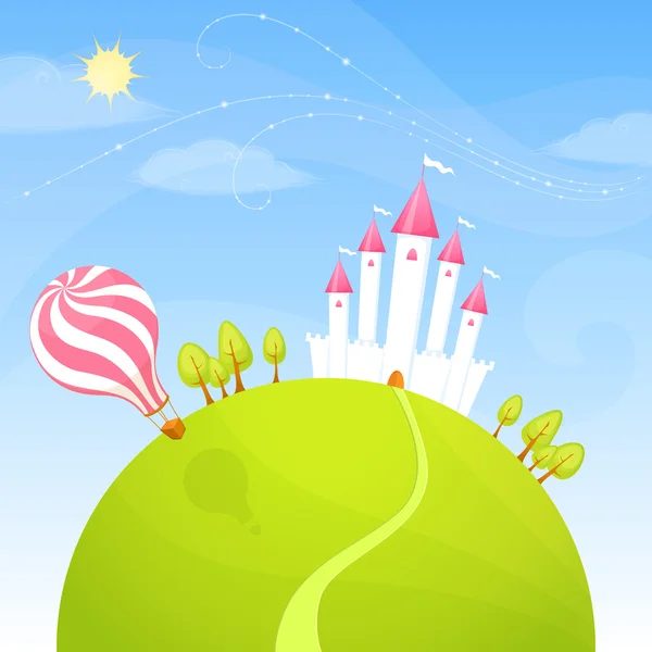 Colorful illustration of a cute fairy tale castle on a green hill — Stock Vector