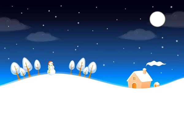 Illustrazione di un paesaggio invernale carino con il cielo notturno, pupazzo di neve e piccolo cottage — Vettoriale Stock