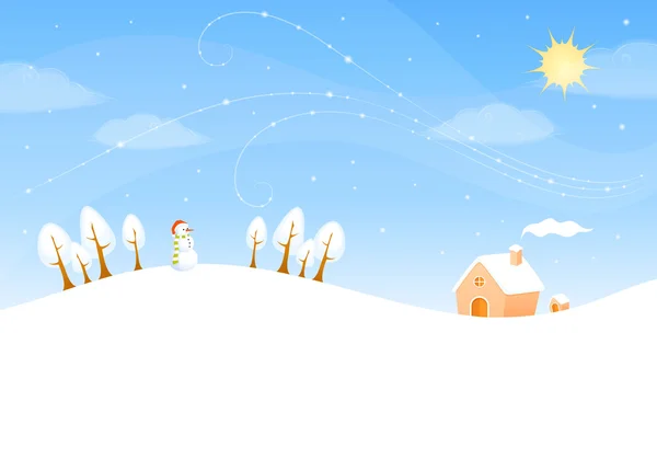 Illustration of a cute winter landscape with sunny sky, snowman and small cottage — Stock Vector