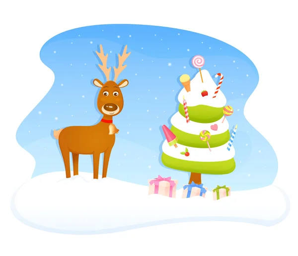 Colorful Christmas illustration with a cute reindeer and candy Christmas tree — Vetor de Stock