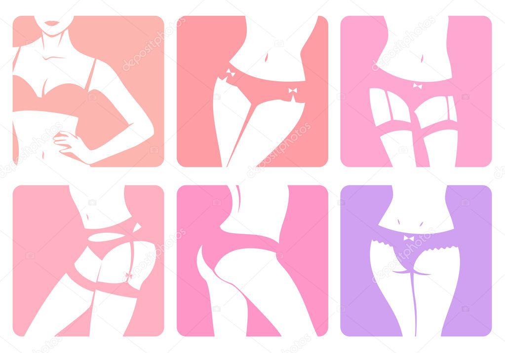 Set of icons with illustrations of woman body in lingerie