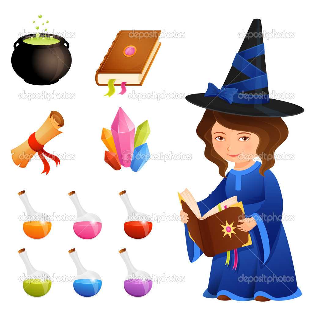Cute magic theme illustrations and a witch girl
