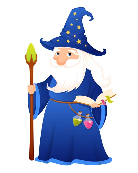 Söta tecknade guiden med magiska boken, potions och personal — Stock vektor
