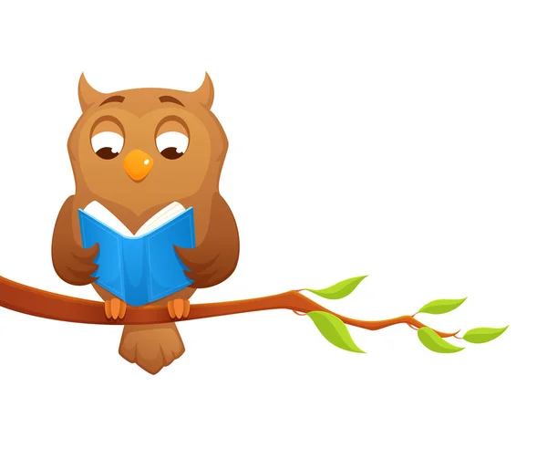 Ilustração de bonito dos desenhos animados de uma sábia coruja, lendo um livro — Vetor de Stock