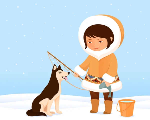 Illustration of a cute small Inuit girl and her dog — Stock Vector