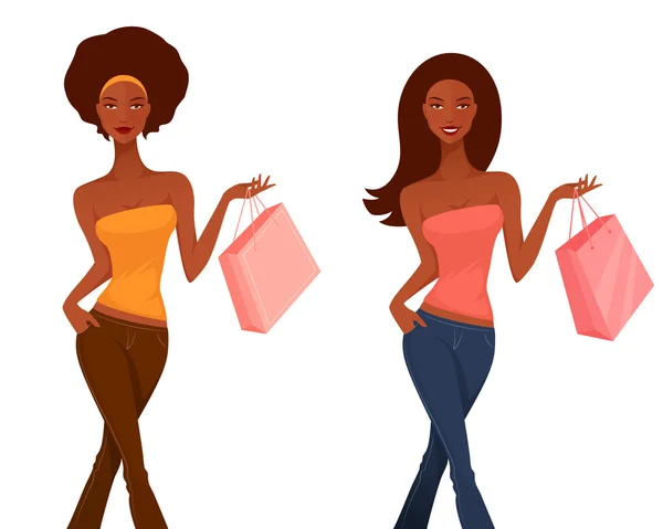 Illustratie van mooie jonge meisjes op een shopping spree — Stockvector