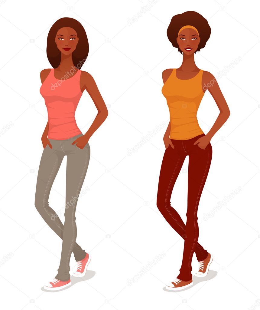 two beautiful african american girls in jeans