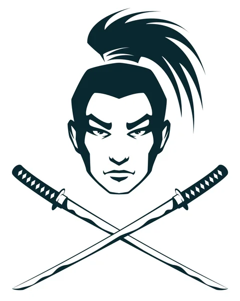 Illustration de ligne simple d'un guerrier samouraï et sabres katana croisées — Image vectorielle
