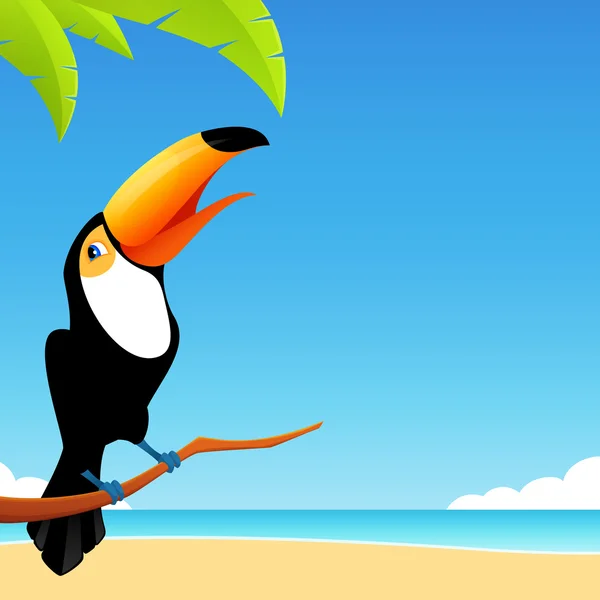 可爱大嘴鸟鸟与热带海滨背景的色彩丰富的插画 — 图库矢量图片
