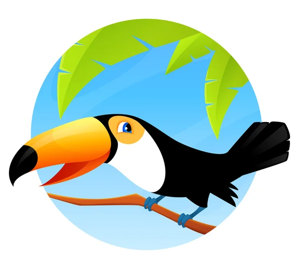 Barevné ilustrace roztomilé Tukan pták seděl na větvi — Stockový vektor