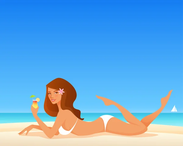 Summer theme illustration of a beautiful girl in bikini on the beach — Stock Vector