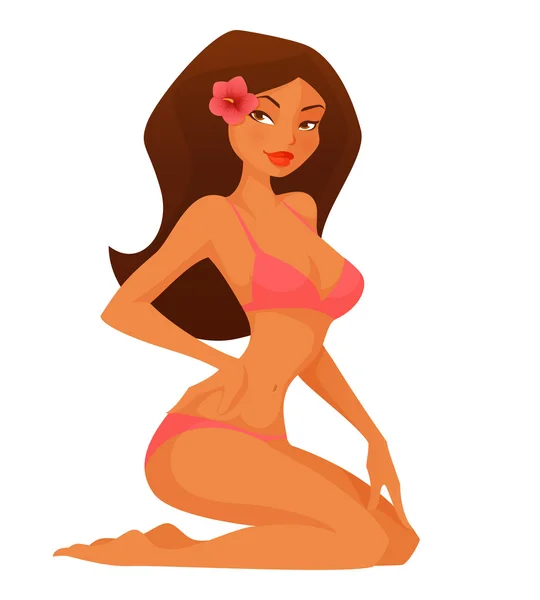 Ilustración de verano de una chica de dibujos animados lindo y sexy en bikini — Vector de stock